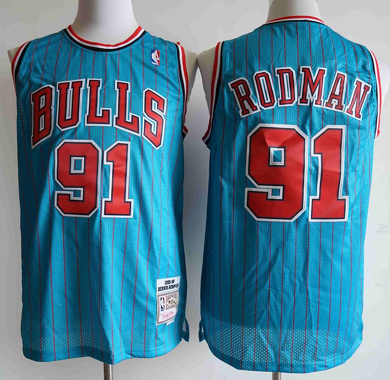 Men Chicago Bulls 91 Rodman Blue stripe NBA Jersey